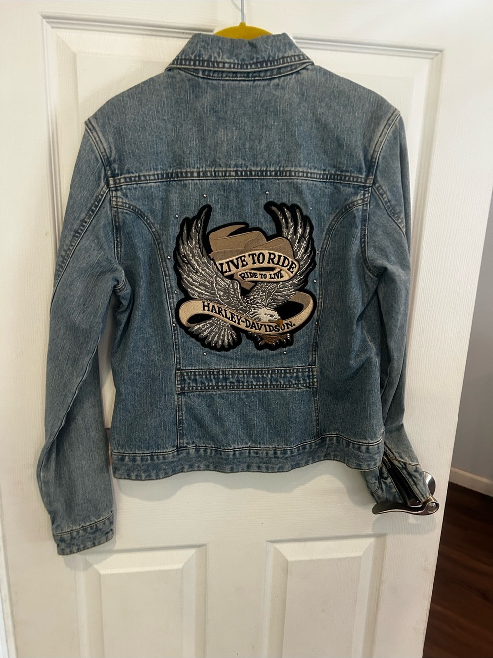 Vintage Harley Davidson Women’s Denim embroidered eagle Jacket Size S - Picture 3 of 10